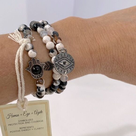 Hands + Eye + Agate Healing Bracelets Set Of 3 NWT - Picture 1 of 12